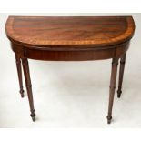 CARD TABLE, George III figured mahogany and satinwood crossbanded with foldover baize lined top,