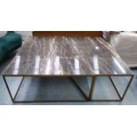LOW TABLES, two, the marble tops asymmetric on gilt metal bases, 130cm L x 52cm H x 110cm W one end,