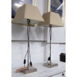 PORTA ROMANA LAMPS, a pair, slender polished metal columns with linen shades, 80cm H. (2)