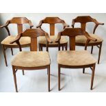 DINING ARMCHAIRS, a set of five Danish style teak with arms and yellow seat pads, 54cm W. (5)