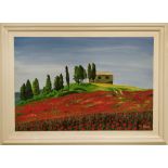 JACKIE WARD 'Tuscan Field and Poppies', oil on board, signed, framed, 66cm x 67cm.