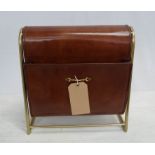 MAGAZINE RACK, 1960's French style, gilt metal frame, sling faux leather rack, 20cm x 38cm x 38cm.