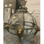 GLOBE HALL LANTERN, 19th century Italian style, verdigris finish with lion head detail, 85cm Drop.