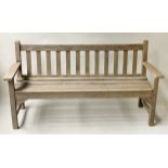 LISTER GARDEN BENCH, weathered teak of slatted construction by Lister, 159cm W.