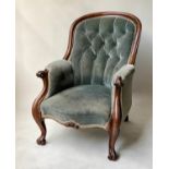 ARMCHAIR, early Victorian mahogany with button smoke blue upholstery, 66cm W.