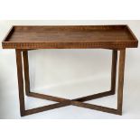 CONSOLE TABLE, rectangular teak galleried with blind fret frieze and x stretcher, 110cm x 40cm x