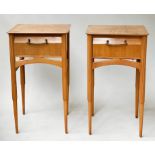 SIDE TABLES, a pair, mid 20th century Danish, fiddle back maple each with a shaped drawer, 38cm W