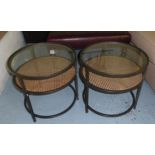 SIDE TABLES, a pair, 1970's Danish style, with faux rattan under tier detail, 49cm x 51cm Diam. (2)