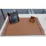 LINLEY LEATHER WRITING SURFACE AND NOTEPAD BOX, by David Linley, 45cm D x 65cm W and a bright