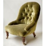 SLIPPER ARMCHAIR, Victorian mahogany and green velvet upholstered with buttoned back and turned