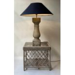 LAMP AND TABLE, distressed architectural baluster grey gesso column and linen 'coolie' shade 95cm