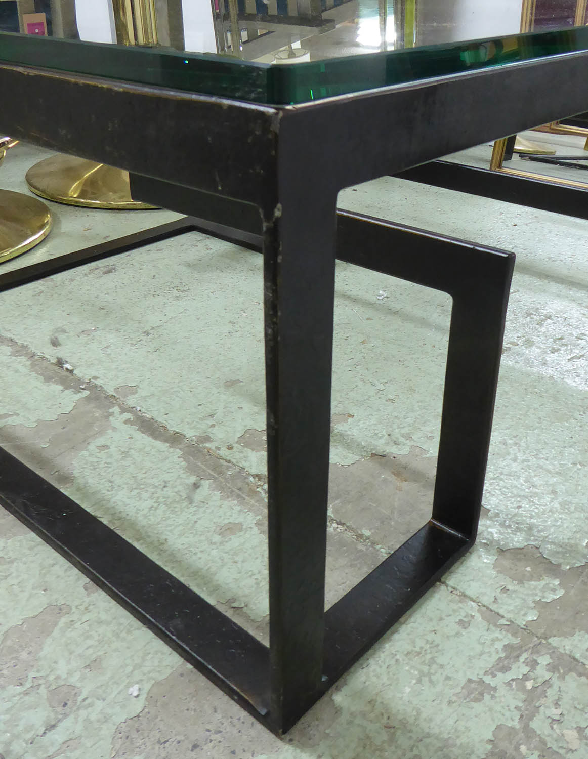 LOW TABLE, the glass top on a metal base of geometric form, 80cm D x 120cm W x 38cm H. - Image 4 of 6