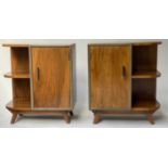 ART DECO BEDSIDE CABINETS, an opposing pair, walnut, each with panelled door and shelf, 68cm H x
