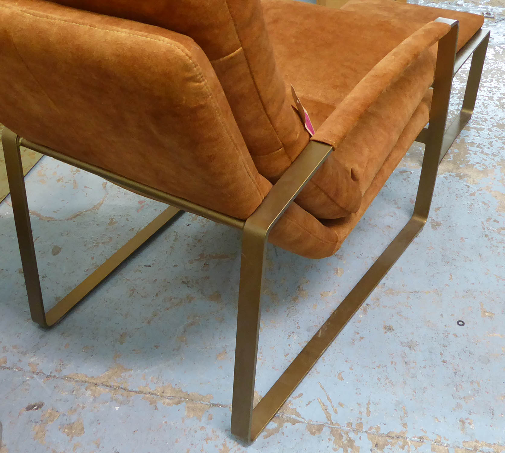 ARMCHAIR AND STOOL, 1970's Italian style bronzed metal with mustard upholstery, 65cm W X 94cm D x - Image 6 of 9