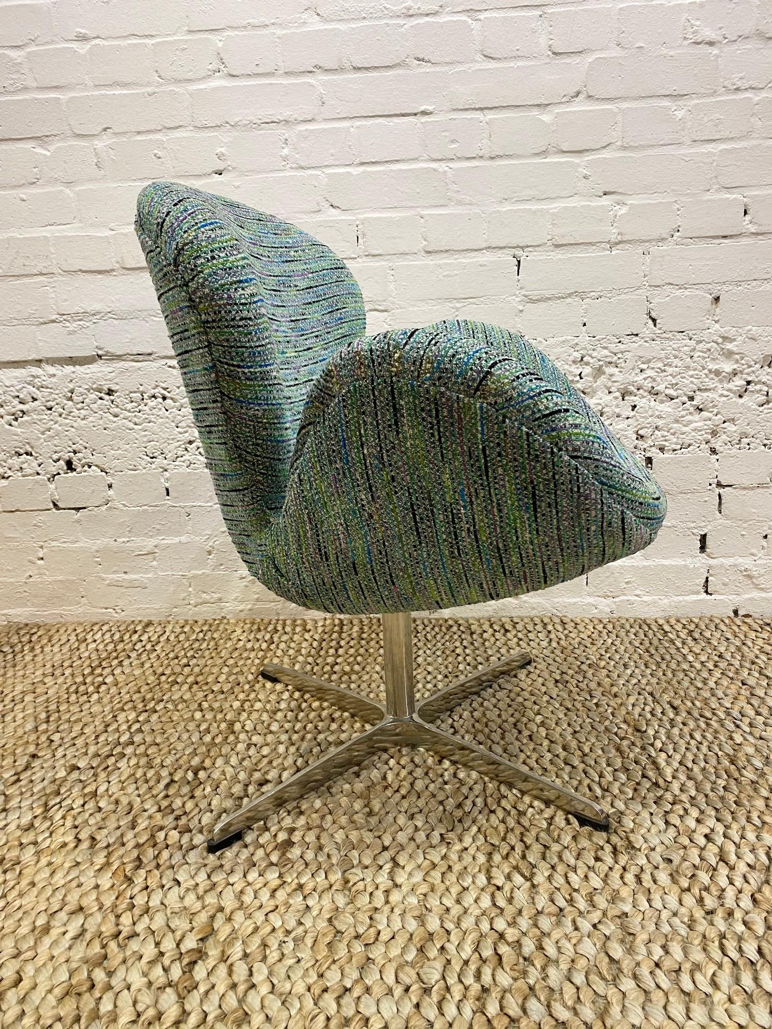 AFTER ARNE JACOBSEN SWAN CHAIR, polished aluminum swivel base, upholstered in designers guild - Image 8 of 12