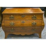 BOMBE COMMODE, late 18th century, possibly satinwood, mahogany and boxwood strung with three drawers