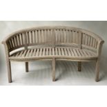 BANANA BENCH, vintage weathered teak and slatted construction, 168cm W.