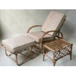 GARDEN/TERRACE LOUNGER, mid 20th century bamboo rattan and cane bound with reclining adjustable
