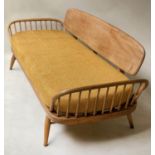 ERCOL SURFBOARD DAYBED SOFA, Ercolani elm and beech bentwood with orange cushion, 208cm W.