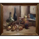 RENE CARPIAUT 'Nature Morte aver Faisan, Bouteilles et Fruits', oil on canvas, 50cm x 60cm,