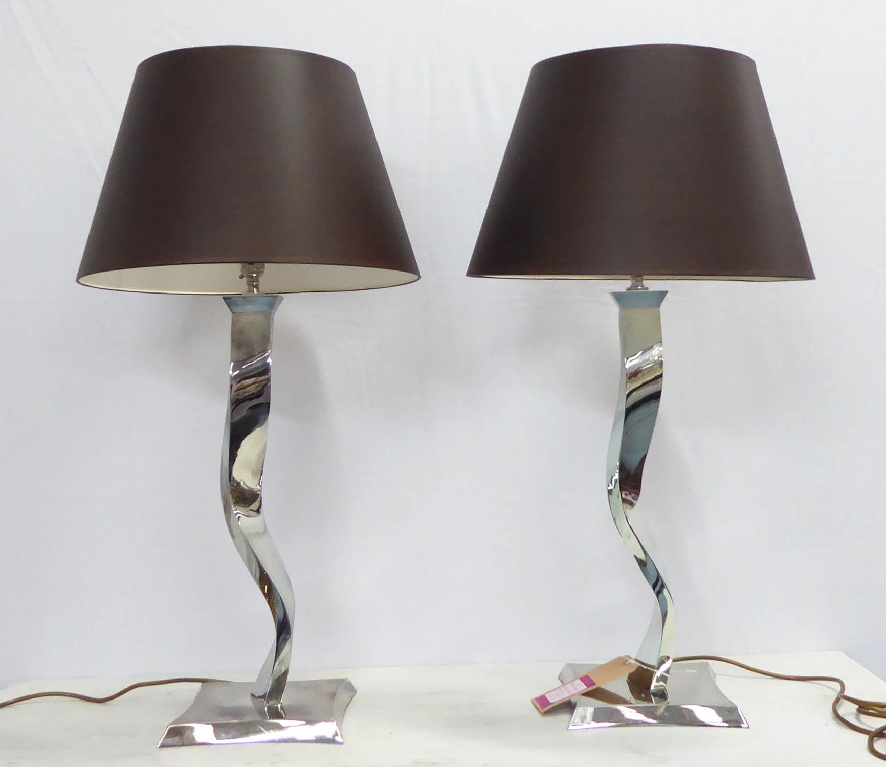 PORTA ROMANA RIBBON TABLE LAMPS, a pair, with shades, 75cm H. (2)