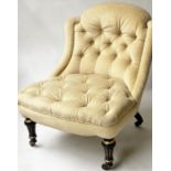 SLIPPER CHAIR, Victorian, yellow velvet upholstered, button back, with fluted ebonised and gilded