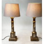 DESK/TABLE LAMPS, a pair, toleware brown painted with gilt and white Chinoiserie decoration of