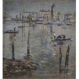 VICTOR MATHIAS (1905-1933) 'Venice, Gondoliers on the Lagoon, towards the Giudecca', oil on card,