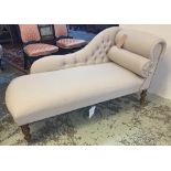 CHAISE LOUNGE, Victorian style, button back, neutral upholstered with bolster cushion, 135cm W