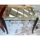 SIDE TABLE, vintage 1930's mirrored Venetian glass top, ebonised supports, 63cm x 44cm.