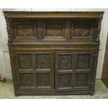 COURT CUPBOARD, Charles II oak with four carved panel doors, bears date 1670, restorations, 155cm