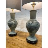 TABLE LAMPS, a pair, Chinese ceramic vase form decorated with fish, with carved hardwood bases and