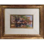 LAVERY 'Boat on a River', oil on board, 10cm x 18cm, signed, framed.