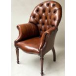 LIBRARY/DESK CHAIR, Victorian style buttoned mid brown leather on turned supports with narrow