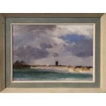 LESLIE MOORE (1913-1976) 'Coastal View with Windmill', oil on board, 24cm x 33cm, signed, framed. (