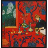 AFTER HENRI MATISSE 'Red Interior', on silk, 96cm x 92cm, framed and glazed.