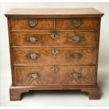 CHEST, early 18th century English Queen Anne figured walnut with two short and three long drawers,