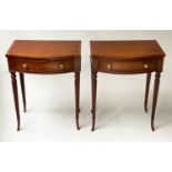 BEDSIDE/LAMP TABLES, a pair, Regency design mahogany and cross banded, each bowfronted, with