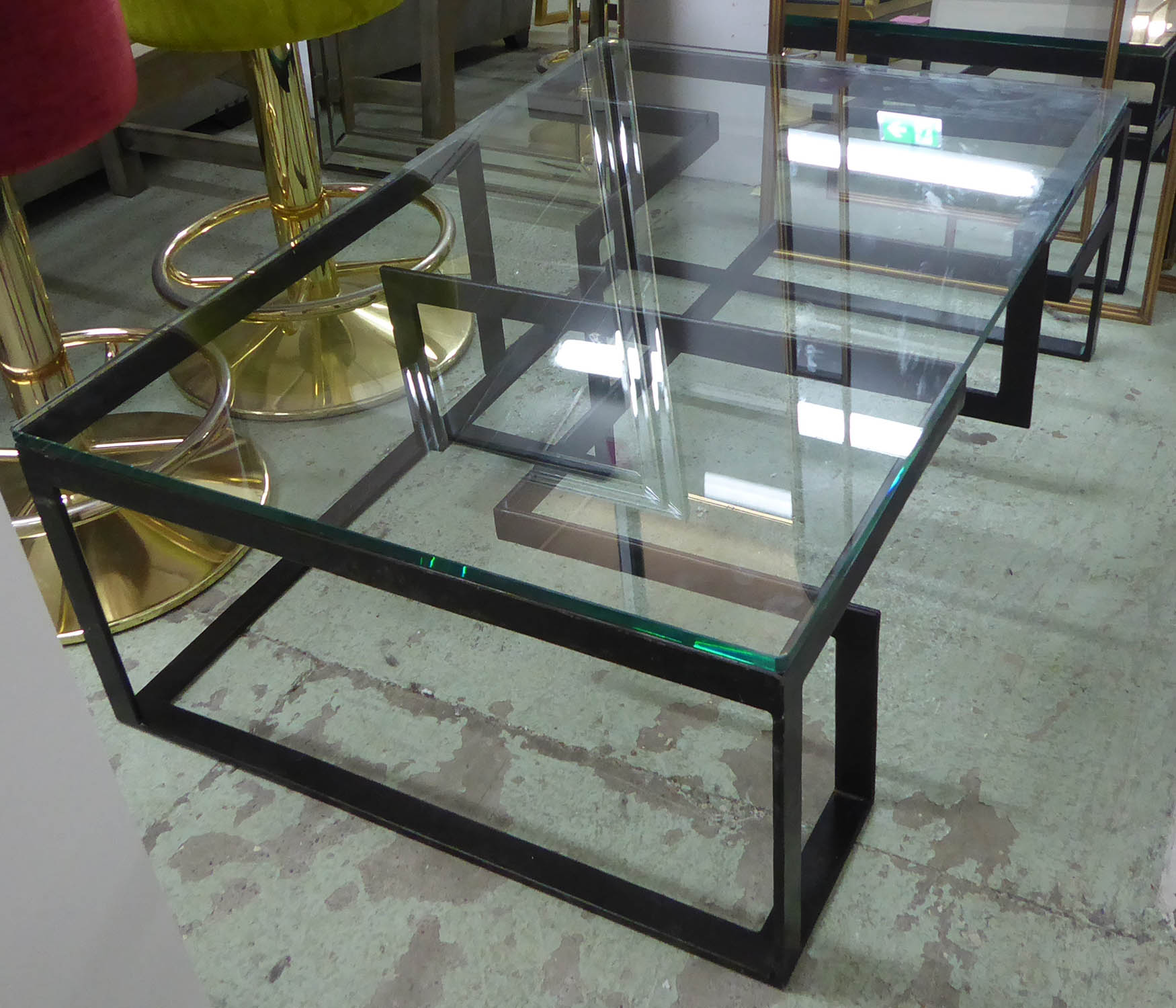 LOW TABLE, the glass top on a metal base of geometric form, 80cm D x 120cm W x 38cm H. - Image 2 of 6