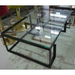 LOW TABLE, the glass top on a metal base of geometric form, 80cm D x 120cm W x 38cm H.