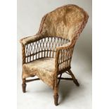 VERANDA ARMCHAIR, Edwardian bamboo and cane bound with gold cut velvet upholstery, 71cm W.