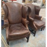 WING BACK ARMCHAIRS, a pair, Victorian style, in leather upholstery, 75cm W. (2)