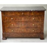 COMMODE, early 19th century French Charles X burr walnut with marble top above four long well