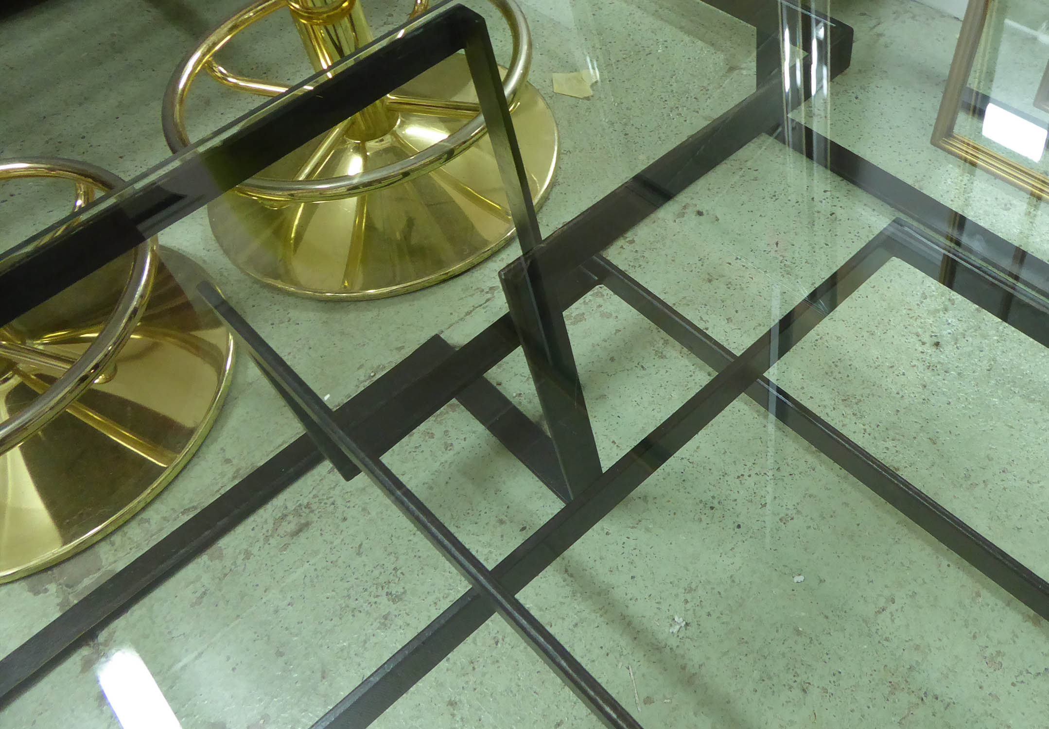 LOW TABLE, the glass top on a metal base of geometric form, 80cm D x 120cm W x 38cm H. - Image 6 of 6