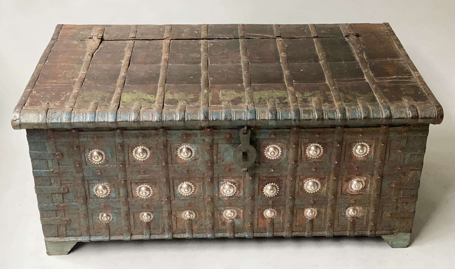 INDIAN TRUNK, late 19th/early 20th century North Indian teak and iron bound, 114cm x 67cm x 48cm H.