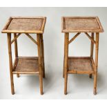 BAMBOO LAMP TABLES, a pair, vintage bamboo each with two cane wicker panelled tiers, 36cm x 36cm x