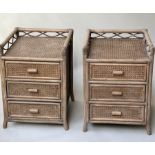 ANGRAVES BEDSIDE CHESTS, a pair, rattan framed with bamboo gallery and wicker panelled three