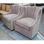 ARMCHAIRS, a pair, Art Deco style scalloped backs, pink velvet upholstered, 74cm W. (2)