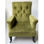 ARMCHAIR, Victorian mahogany with moss green velvet upholstery, buttoned back, arms and turned feet,