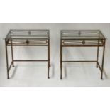 LAMP TABLES, a pair, gilt metal framed, rectangular and glazed, 38cm x 54cm x 54cm H. (2)